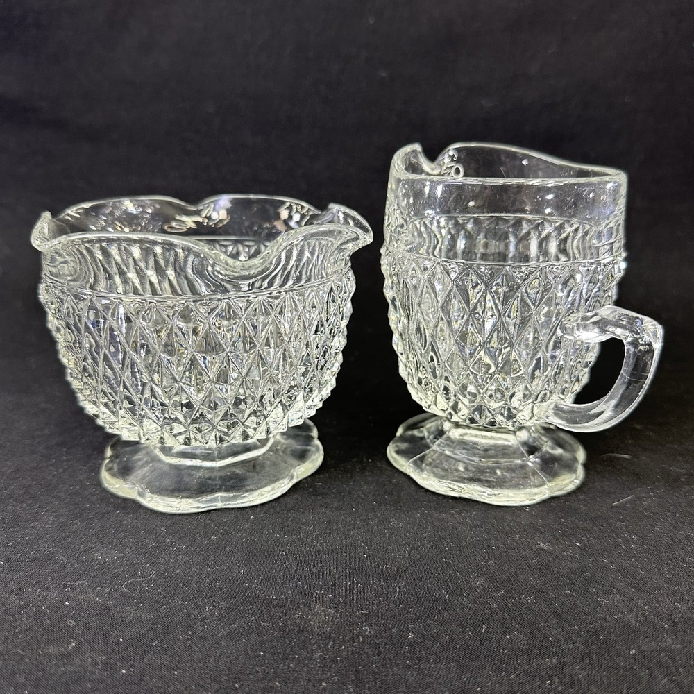 Indiana Glass Clear Diamond Point Scalloped Sugar Bowl Creamer Set
